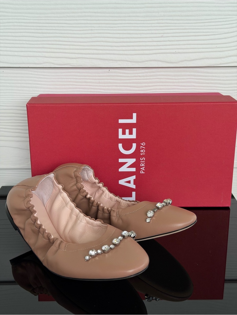 Lancel Paris 1876 Crystal Embellished Leather Ballet Flats Brown Size 38 NIB